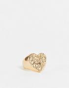 Designb London Chunky Hammered Heart Signet Ring In Gold