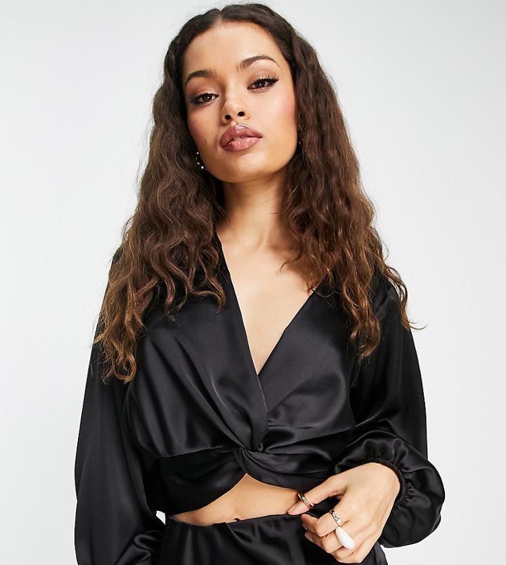 Miss Selfridge Petite Satin Twist Front Blouse In Black