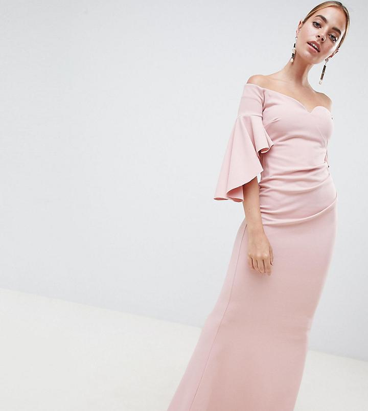 City Goddess Petite Long Sleeve Bardot Maxi Dress - Pink