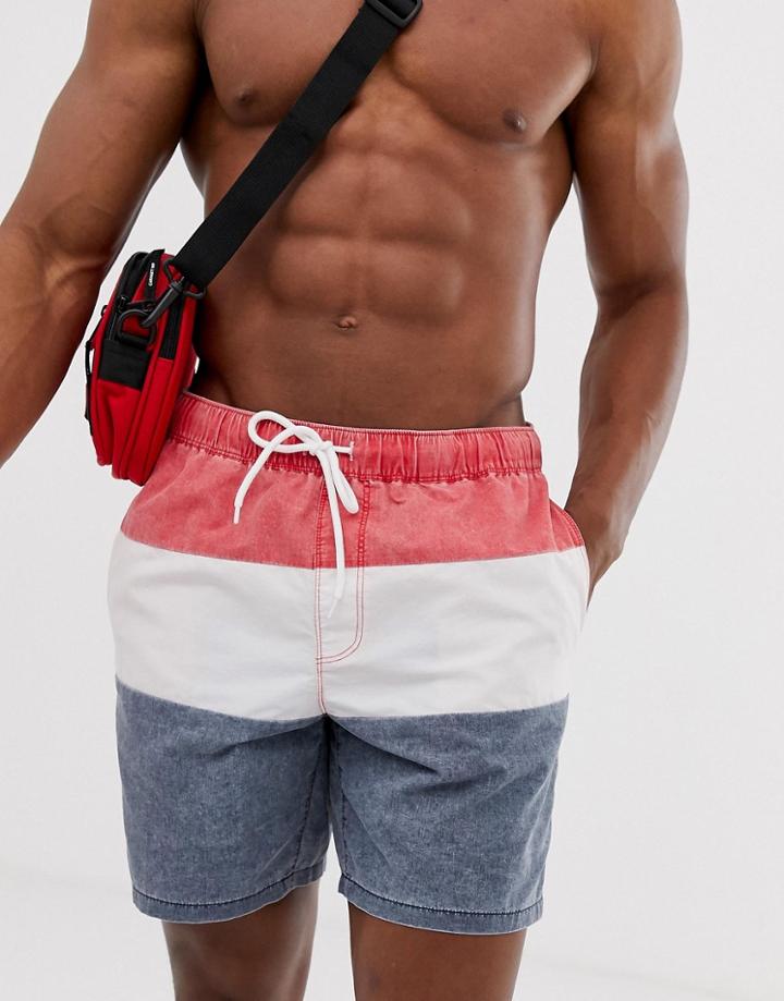 Asos Design Swim Shorts In Red White & Navy Acid Wash In Mid Length - Multi
