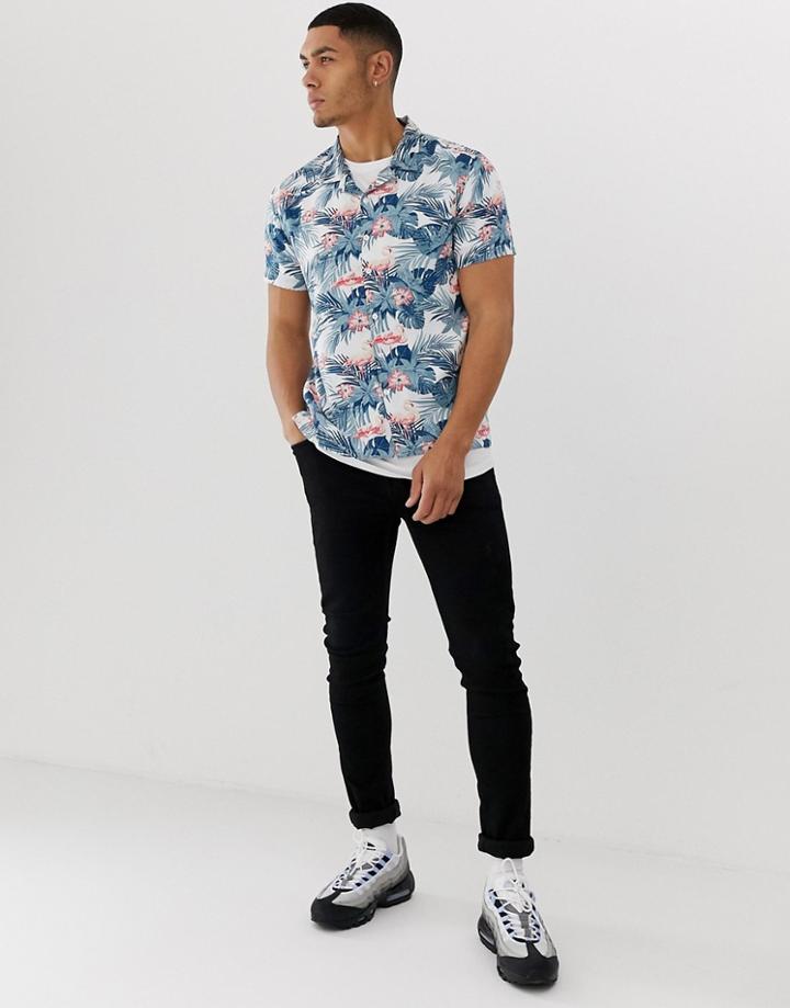 Soul Star Short Sleeve Tropical Flamingo Revere Shirt - White