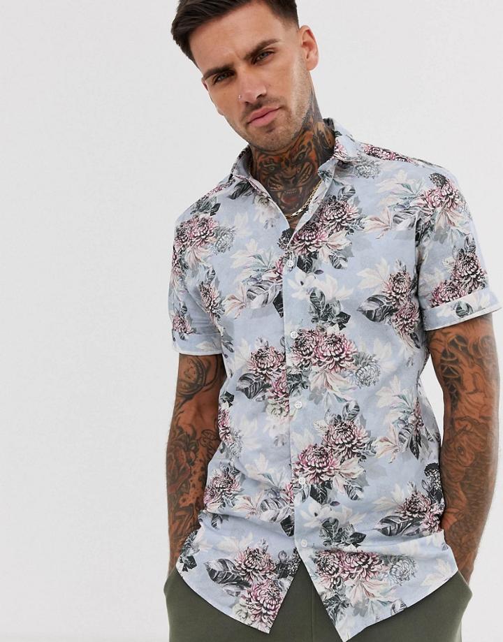 River Island Short Sleeve Floral Shirt In Blue