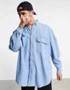 Asos Design Oversized Denim Shirt In Vintage Mid Wash Blue-blues