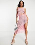 Asos Design Crochet Midi Beach Skirt With Side Slit And Fringe Hem In Pink - Part Of A Set