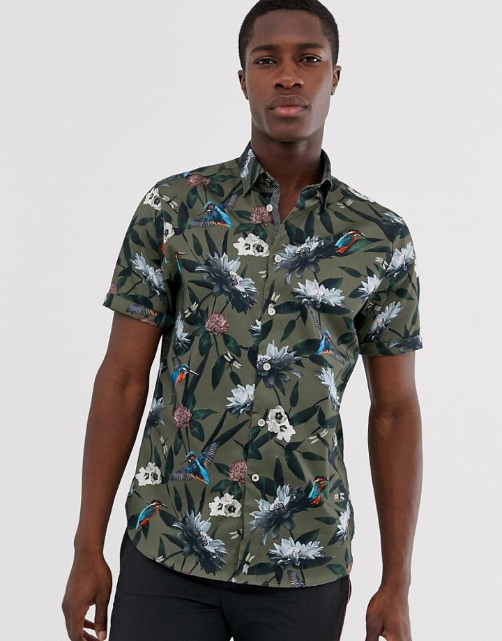 Ted Baker Short Sleeve Shirt In Khaki With Kingfisher Print - Green
