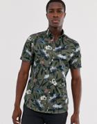 Ted Baker Short Sleeve Shirt In Khaki With Kingfisher Print - Green