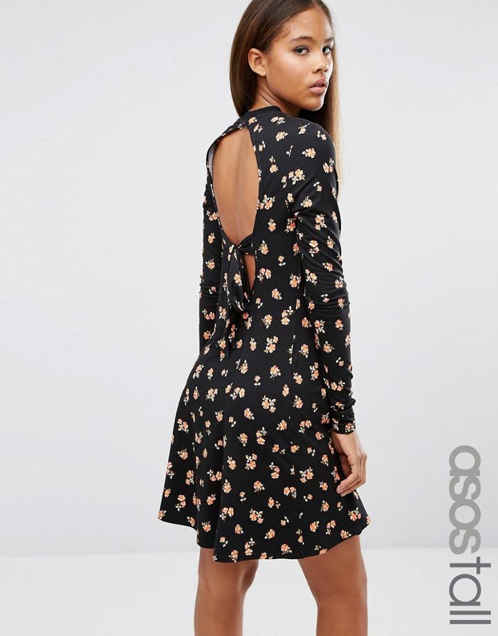 Asos Tall Skater Dress In Ditsy Floral With Open Back - Multi