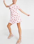 Asos Design Mini Tea Dress In Pink Strawberry Print
