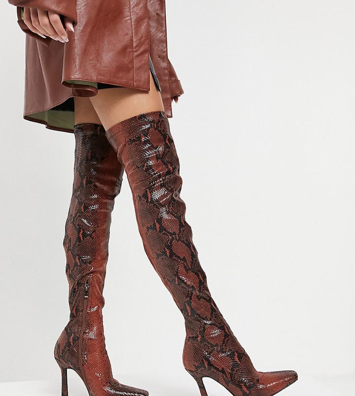Simmi London Wide Fit Minar Over The Knee Boots In Brown Snake