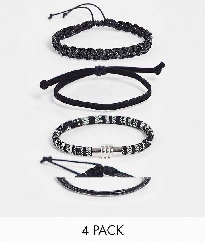 Asos Design 4 Pack Leather And Woven Bracelet Set In Monochrome-black