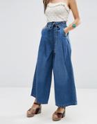 Asos Denim Super Wide Leg Jeans With Tie Waist In Mid Wash Blue - Mid Wash Blue