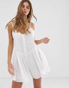 Pull & Bear Broderie Cami Romper In White - White