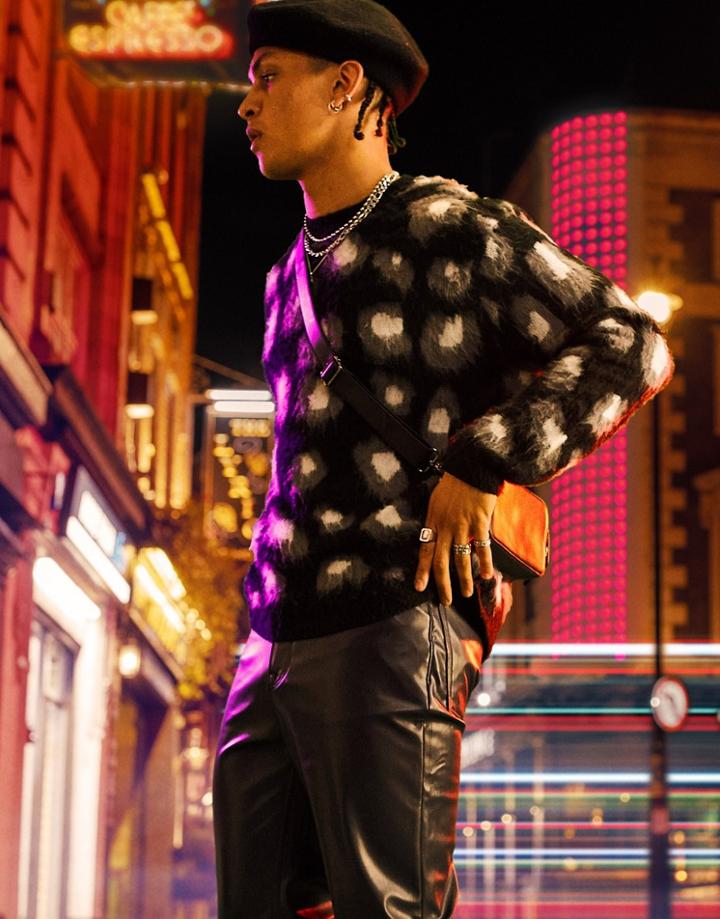 Asos Design Oversized Fluffy Knit Sweater With Leopard Pattern In Black