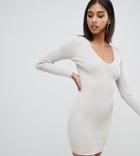 Missguided Plunge Knitted Midi Dress In Nude - Beige