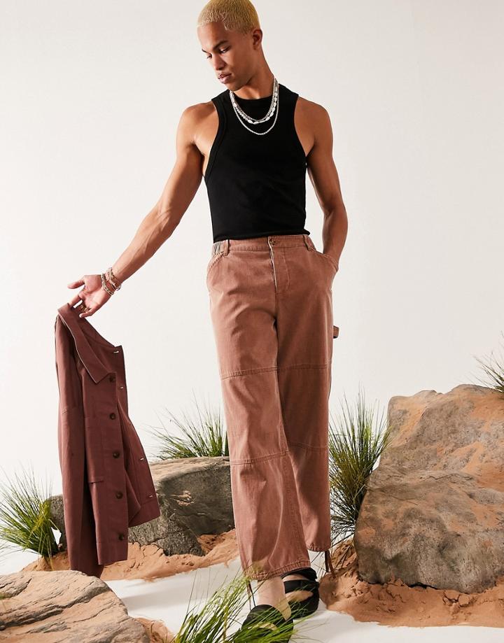 Asos Design Wide Fit Pants With Carpenter Pockets In Brown Texture