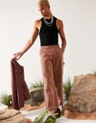 Asos Design Wide Fit Pants With Carpenter Pockets In Brown Texture