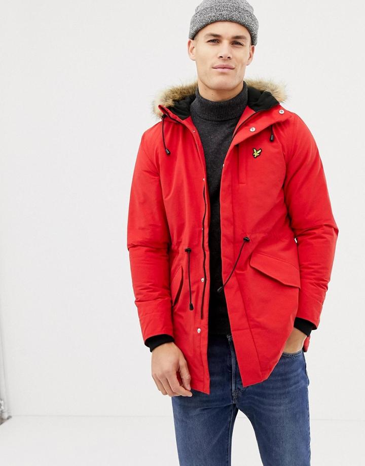 Lyle & Scott Fleece Lined Hooded Parka With Faux Fur Trim In Red - Red