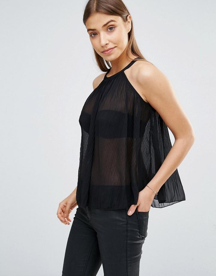 Ax Paris Pleated High Neck Top - Black