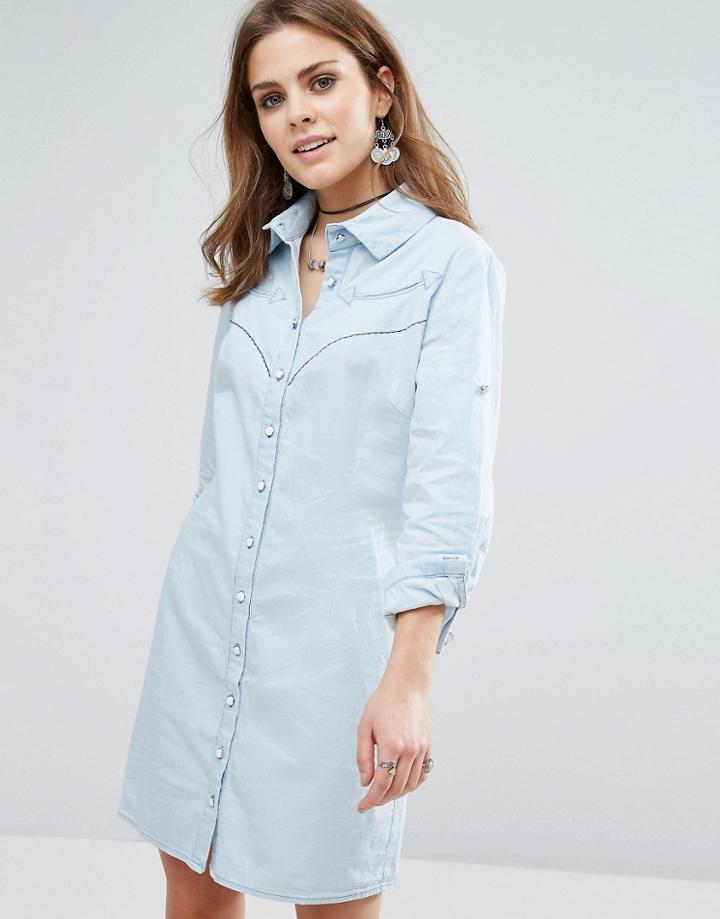 Liquorish Denim Long Sleeve Shirt Dress - Blue
