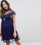 Asos Maternity Skater Dress With Embroidery And Lace Trim - Navy