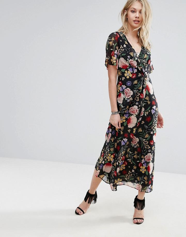 Mango Floral Wrap Midi Dress - Multi