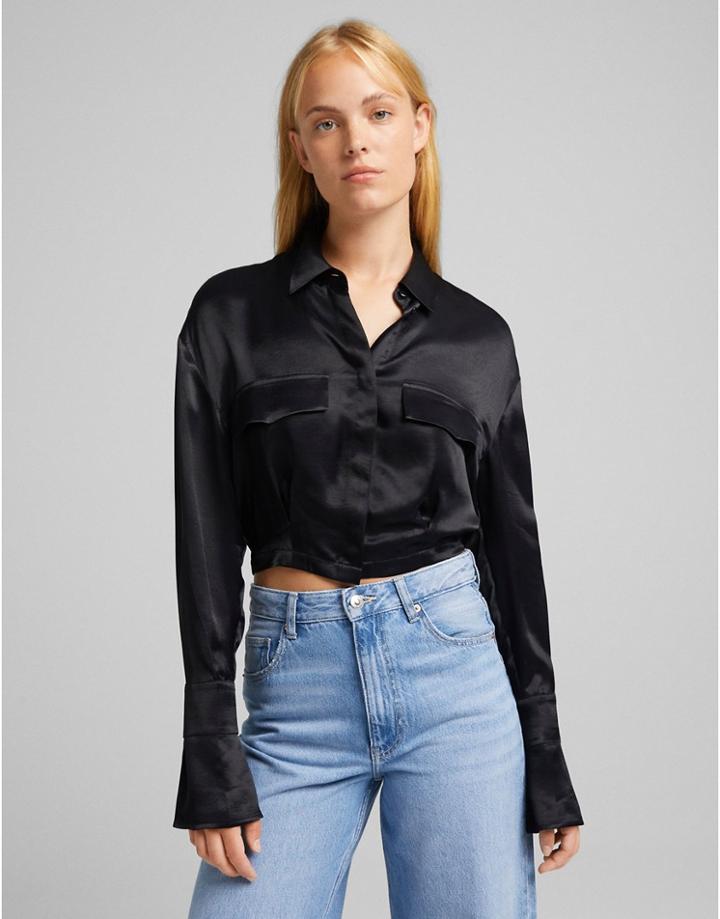 Bershka Satin Cropped Shirt In Black