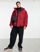 Mennace Oversized Puffer Jacket In Burgundy With Hood-red