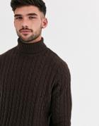 Asos Design Lambswool Cable Knit Roll Neck Sweater In Brown