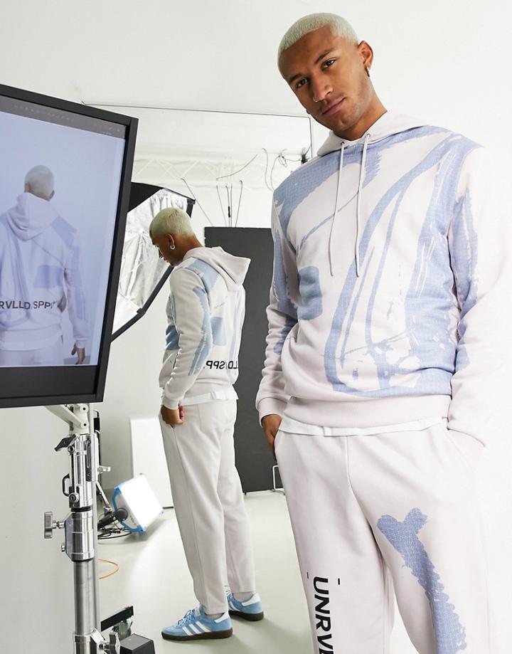 Asos Unrvlld Spply Oversized Hoodie With All Over Abstract Print In Beige - Part Of A Set-neutral