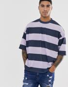 Asos Design Oversized Wide Stripe T-shirt In Navy And Lilac-multi