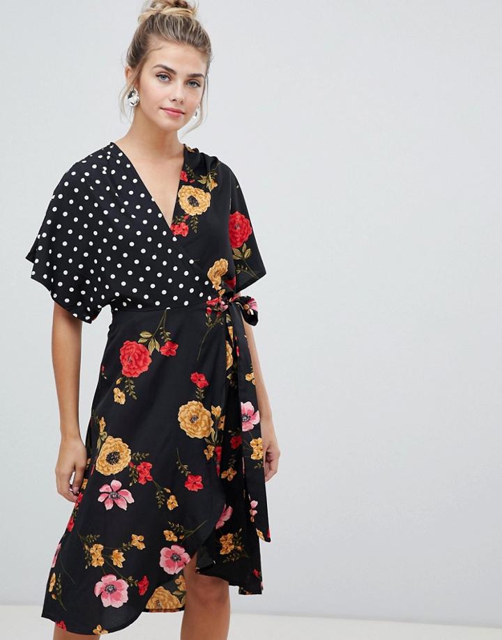 Influence Kimono Sleeve Wrap Dress In Mix And Match Print - Black