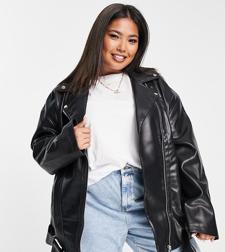 Asos Design Curve Longline Oversized Leather Look Biker Jacket In Black