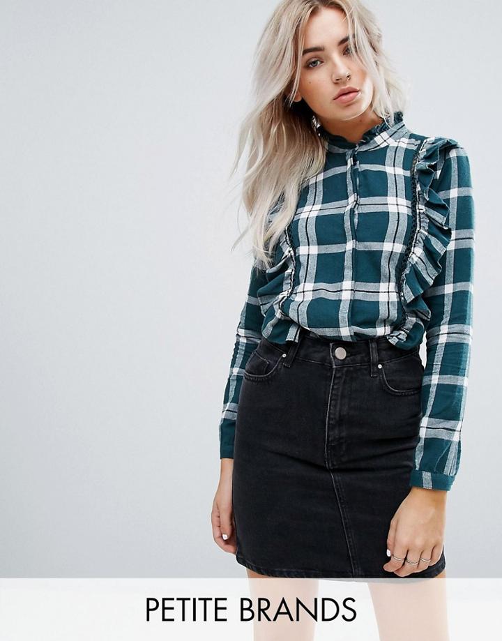 Noisy May Petite Check Shirt With Ruffle Detail - Green
