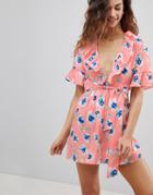 Asos Tea Romper With Plunge Neck And Ruffle Detail - Pink