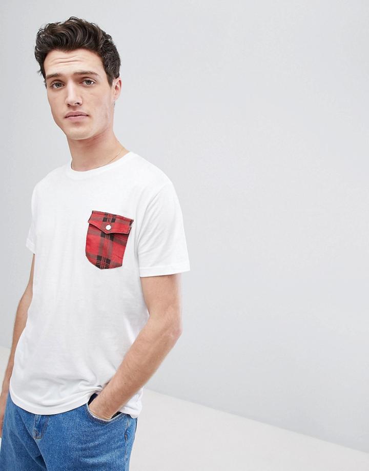 Brave Soul Printed Check Flap Pocket T-shirt - White