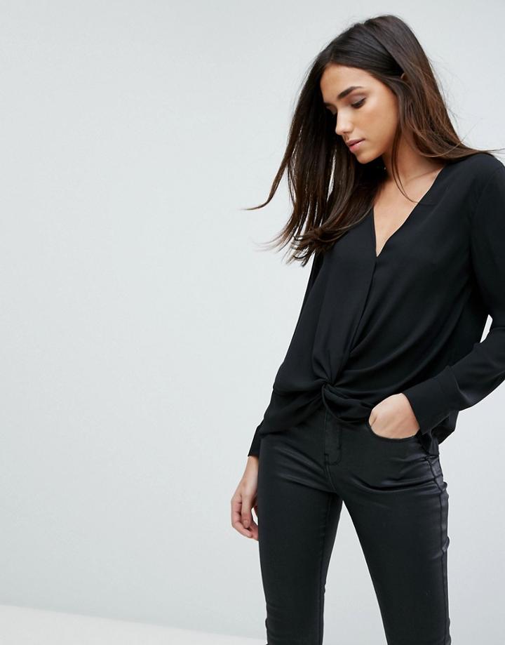 Warehouse Knot Front Long Sleeve Top - Black