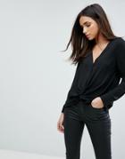 Warehouse Knot Front Long Sleeve Top - Black