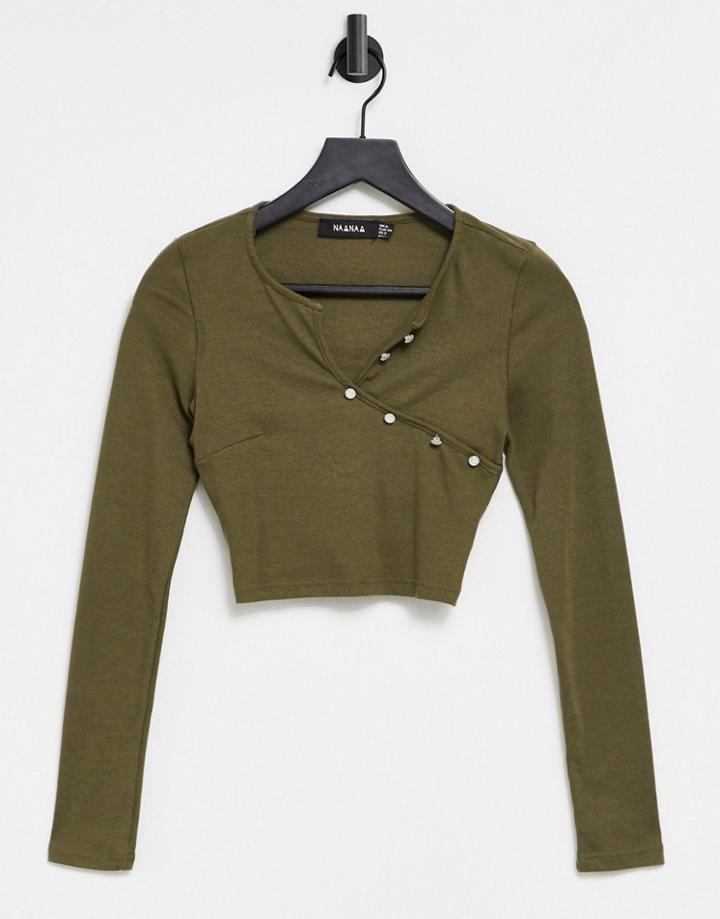 Naanaa Cross Over Long Sleeve Top In Khaki-green