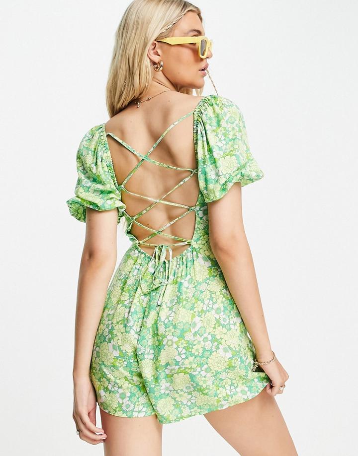 Miss Selfridge Lace Back Romper In Green Floral