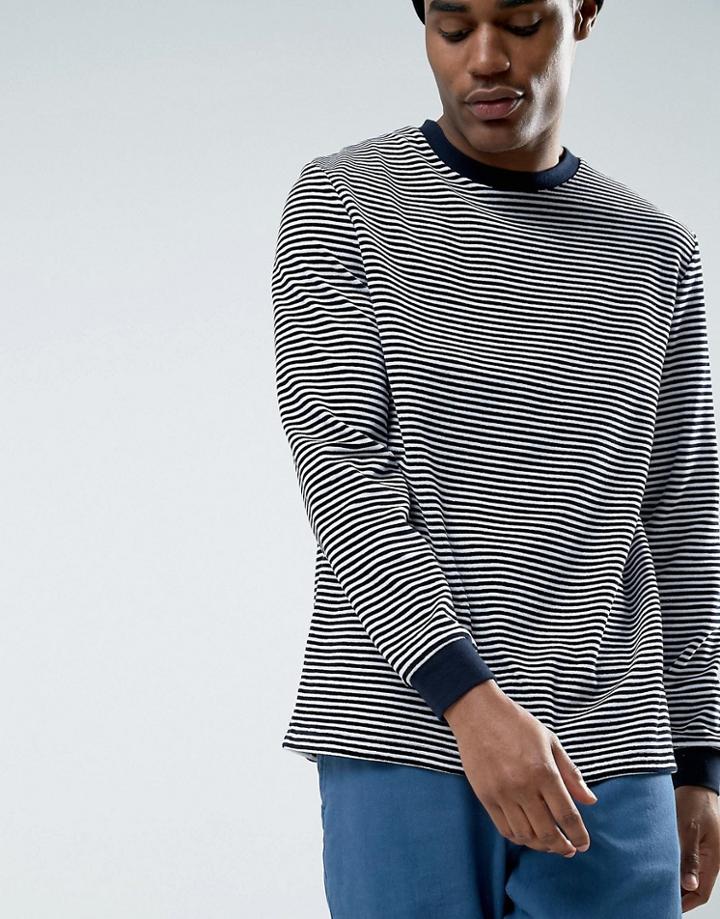 Asos Relaxed Long Sleeve T-shirt In Velour Stripe - Navy