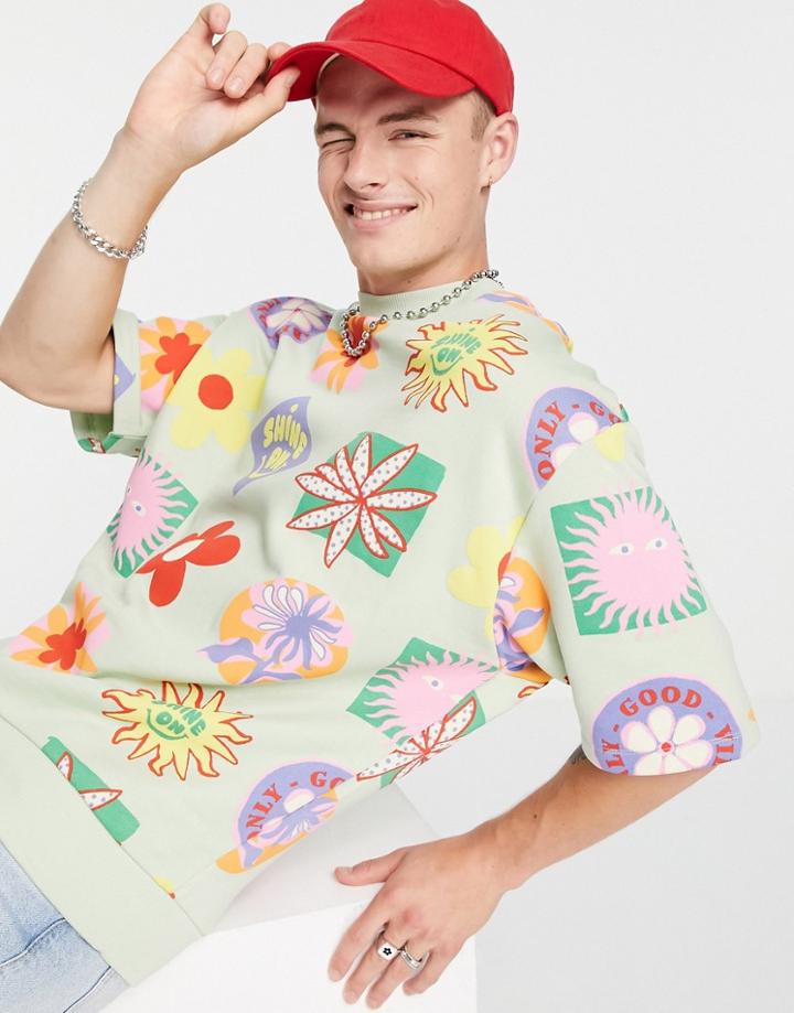 Asos Design Oversized Short Sleeve Sweatshirt In Green With All Over Prints - Part Of A Set-multi