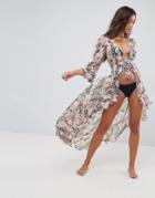 Asos Diamond Animal Print Tie Front Beach Kimono - Multi