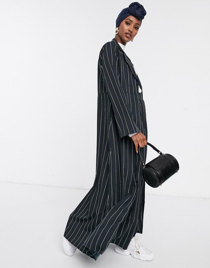 Verona Maxi Duster Jacket In Pin Stripe-black