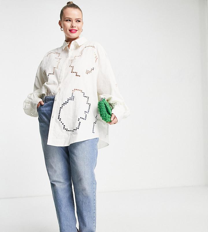 Asos Edition Curve Oversized Shirt With Geo Cutwork In Ivory-white