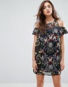 Love & Other Things Floral Frill Cold Shoulder Shift Dress - Black