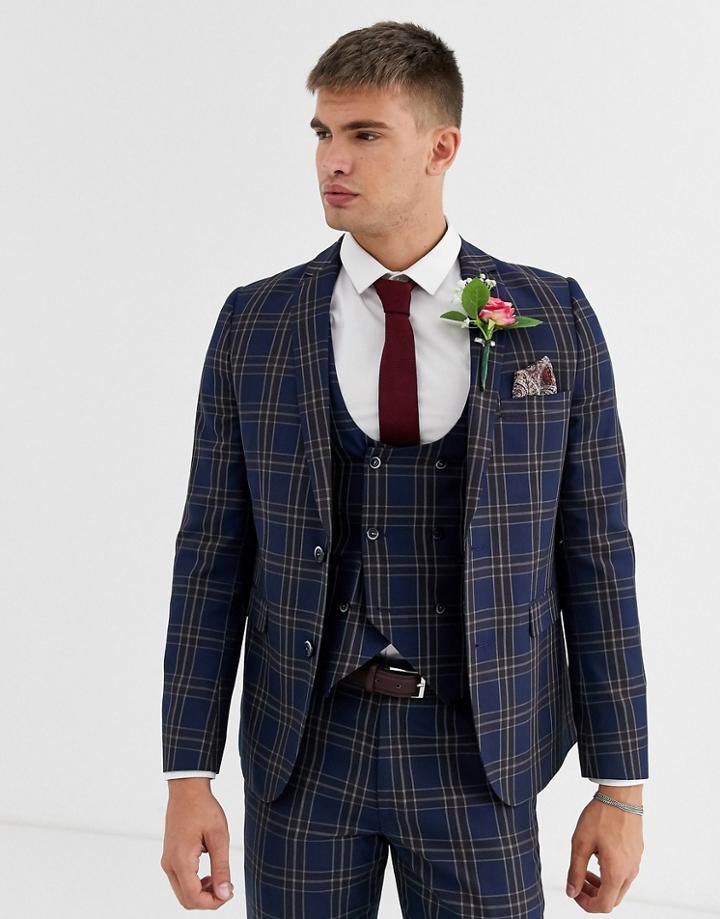 Harry Brown Wedding Slim Fit Blue And Brown Overcheck Suit Jacket