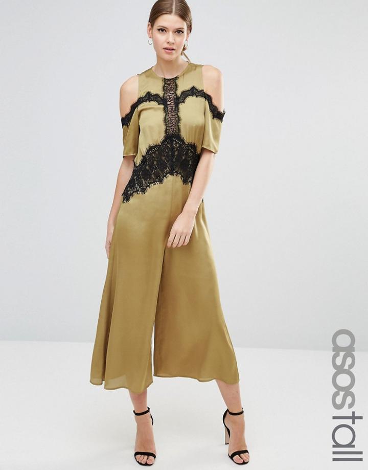 Asos Tall Jumpsuit With Cold Shoulder And Lace Detail - Green