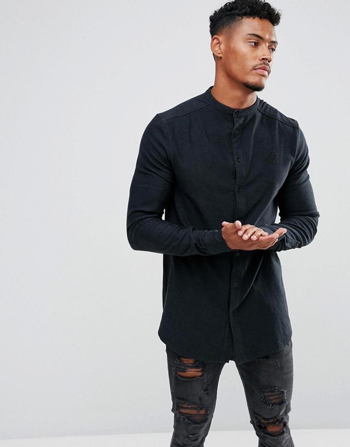 Siksilk Muscle Denim Shirt With Grandad Collar - Black