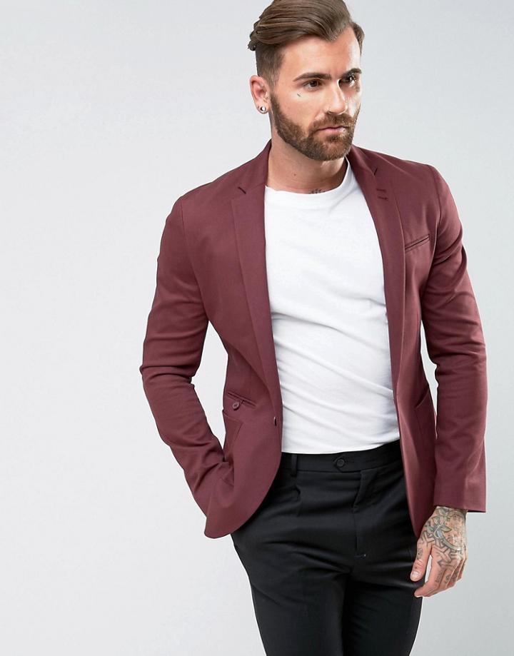Asos Super Skinny Blazer In Burgundy Cotton - Red