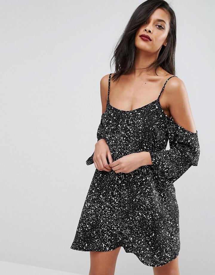 Influence Cold Shoulder Cosmic Print Dress - Black